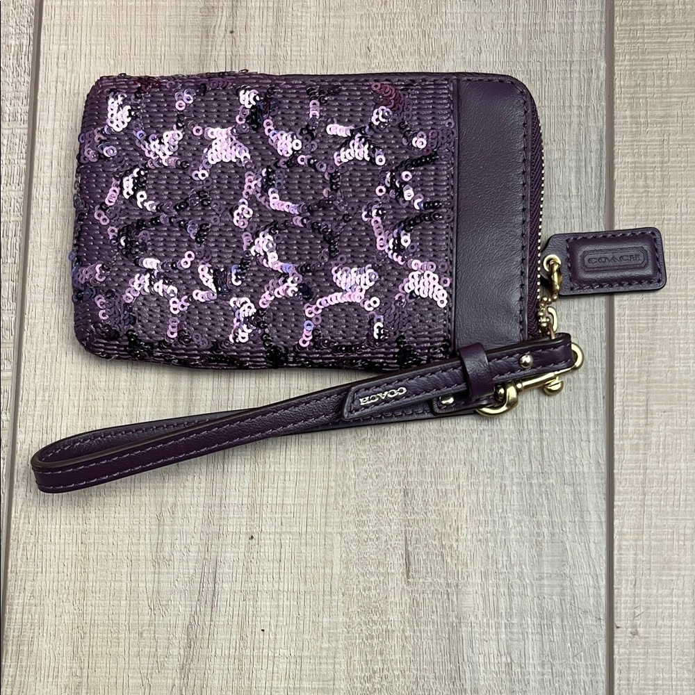 Coach Plum Sequin Wristlet with Leather Trim
